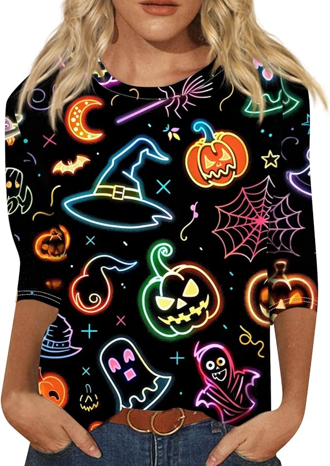 Cute Funny Halloween Shirts for Women Plus Size 3/4 Length Long Sleeve Womens Tops Witch Gothic Renaissance Shirt
