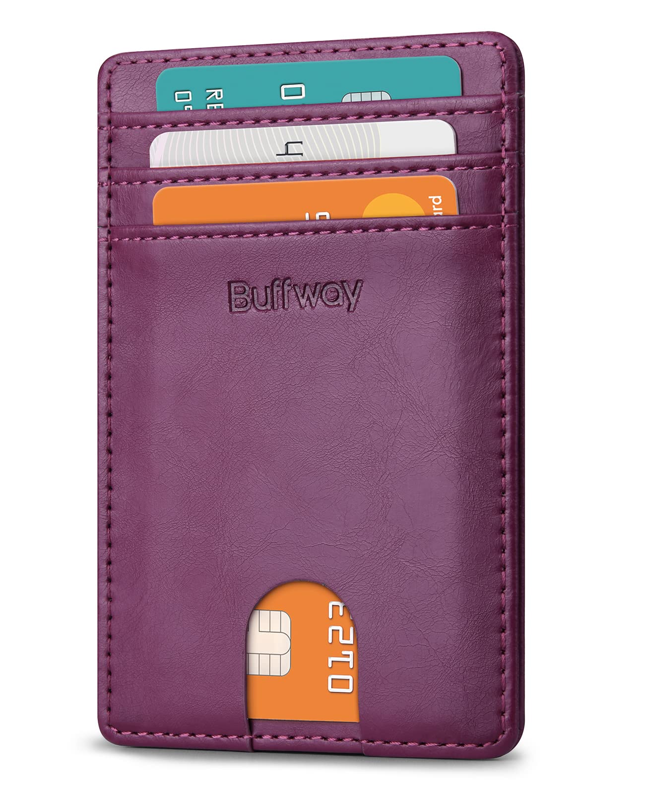 Buffway Mens Slim Wallet, Minimalist Thin Front Pocket Leather Credit Card Holder with RFID Blocking for Work Travel