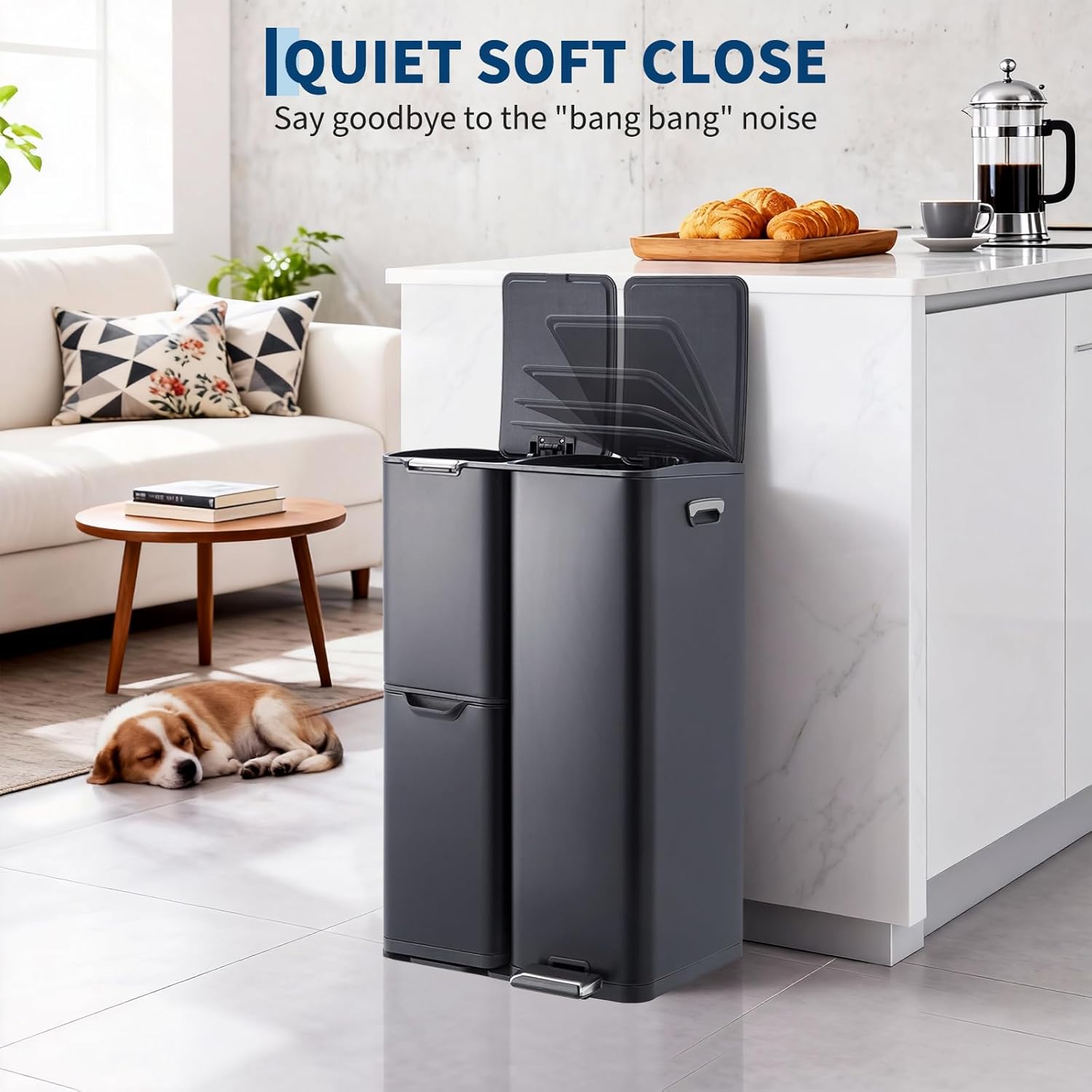 16 Gal Kitchen Trash Can, 3 Compartment Garbage Can with Lid,Foot Pedal & Removable Inner Bucket,Heavy Duty Stainless Steel,Fingerprint Trash and Recycle Bin Combo for Bathroom Home Office