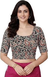 Amazon Brand - Anarva Women's Kalamkari Print Cotton Stretchable Round Neck Elbow Sleeves Readymade Saree Blouse Price In India