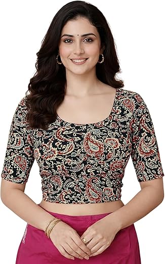 Amazon Brand - Anarva Women's Kalamkari Print Cotton Stretchable Round Neck Elbow Sleeves Readymade Saree Blouse