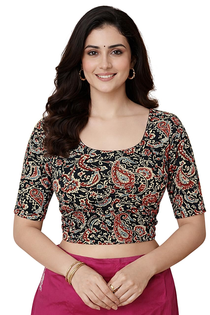 Amazon Brand - Anarva Women's Kalamkari Print Cotton Stretchable Round Neck Elbow Sleeves Readymade Saree Blouse - Review, Price and Buying Guide