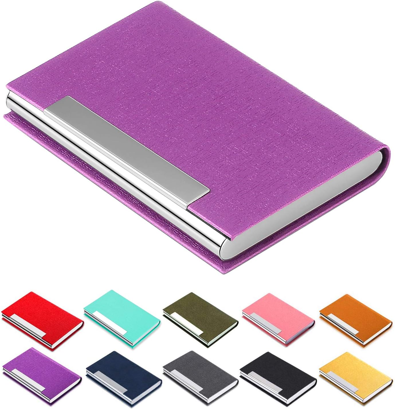 Business Card Holder Case - PU Leather Business Card Case Name Card Holder Slim Metal Pocket Card Holder with Magnetic Shut (Purple-7)
