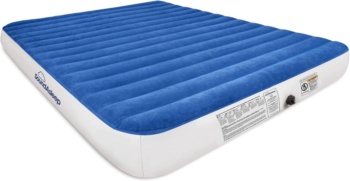 SoundAsleep Camping Series Queen Air Mattress with Rechargeable Air Pump | ComfortCoil Technology with I-beam support; pump inflates under 3 minutes and charges at home or in the car for two sleepers