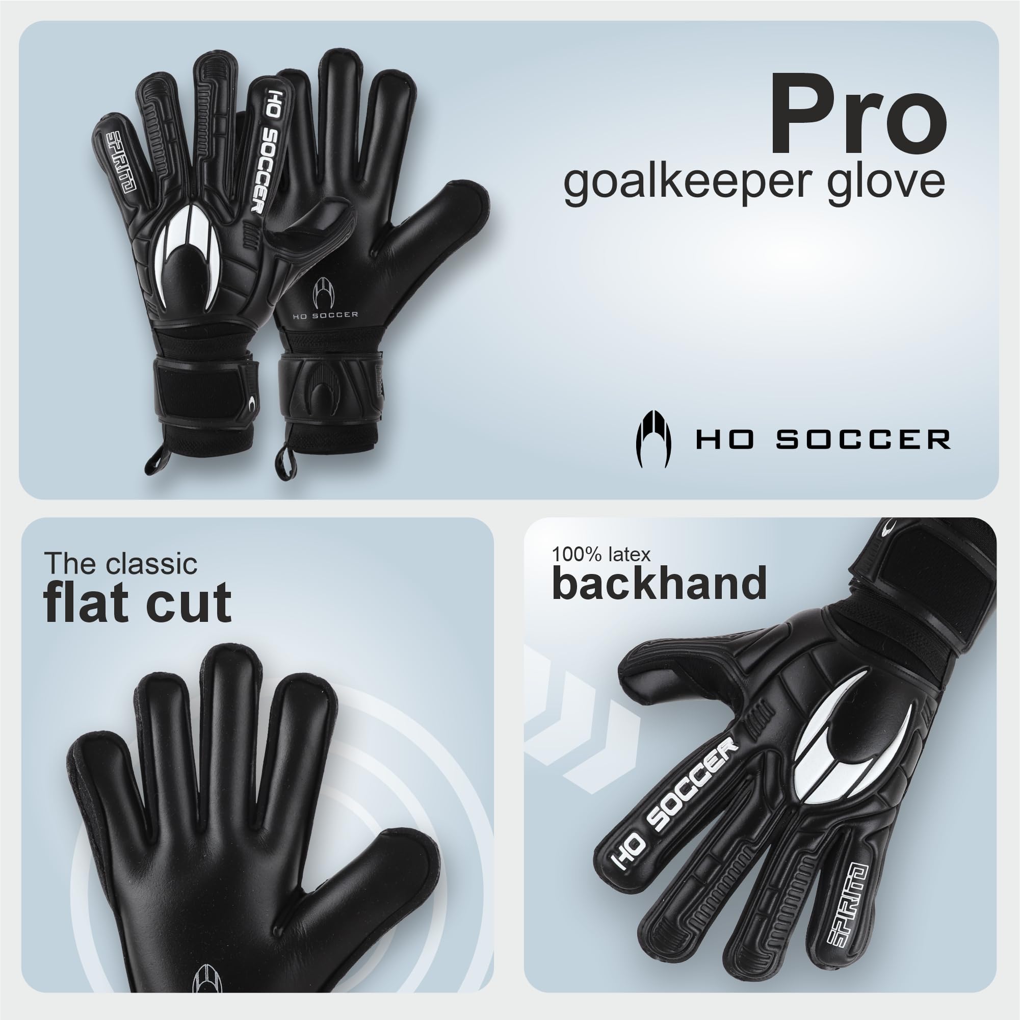 HO Soccer SPIRITO Black Flat Guantes de Portero, Negro, 6