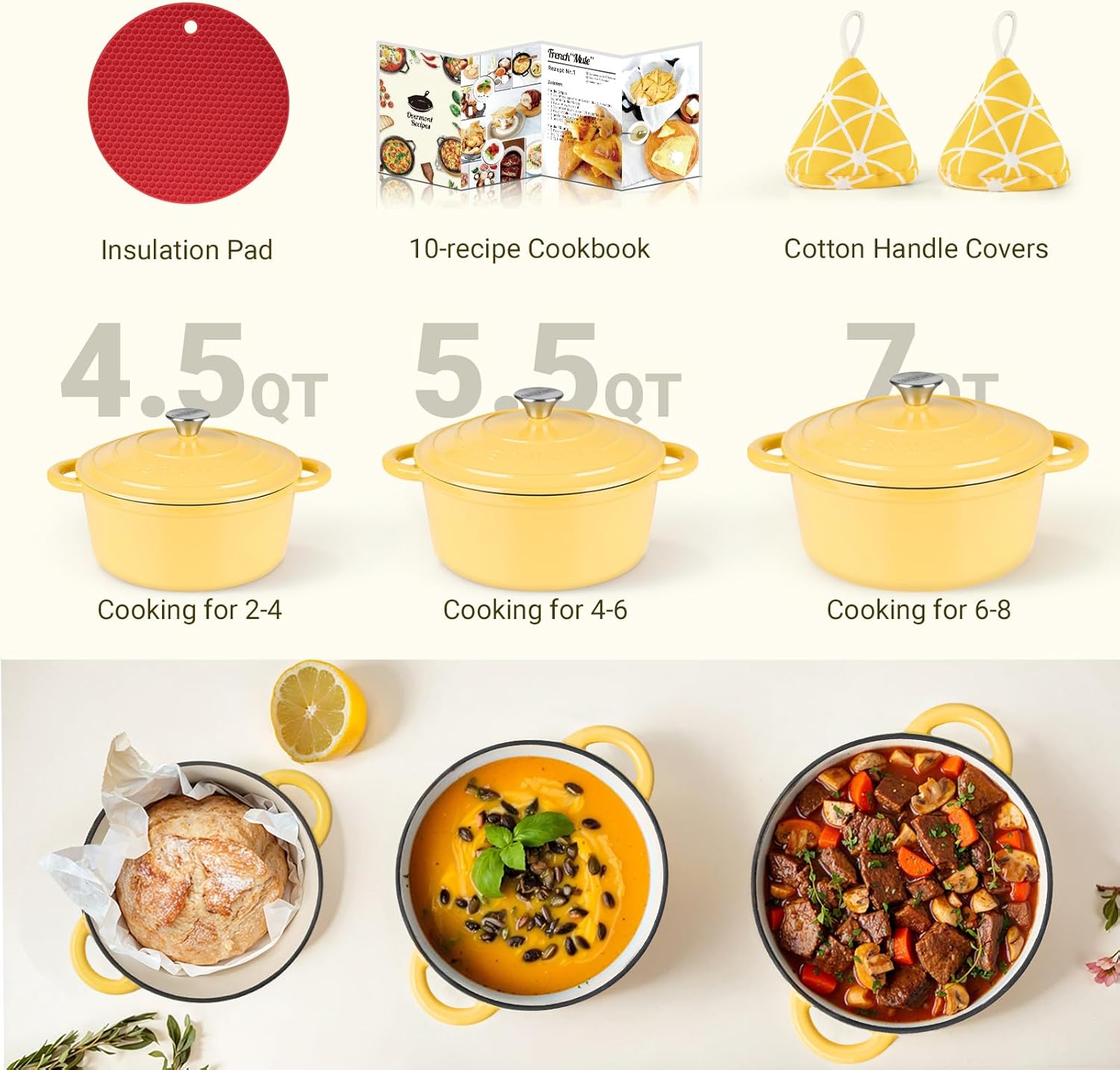Overmont Enameled Cast Iron Dutch Oven - 5.5QT Pot with Lid Cookbook & Cotton Potholders - Heavy-Duty Cookware for Braising, Stews, Roasting, Bread Baking Goose Yellow - Image 7