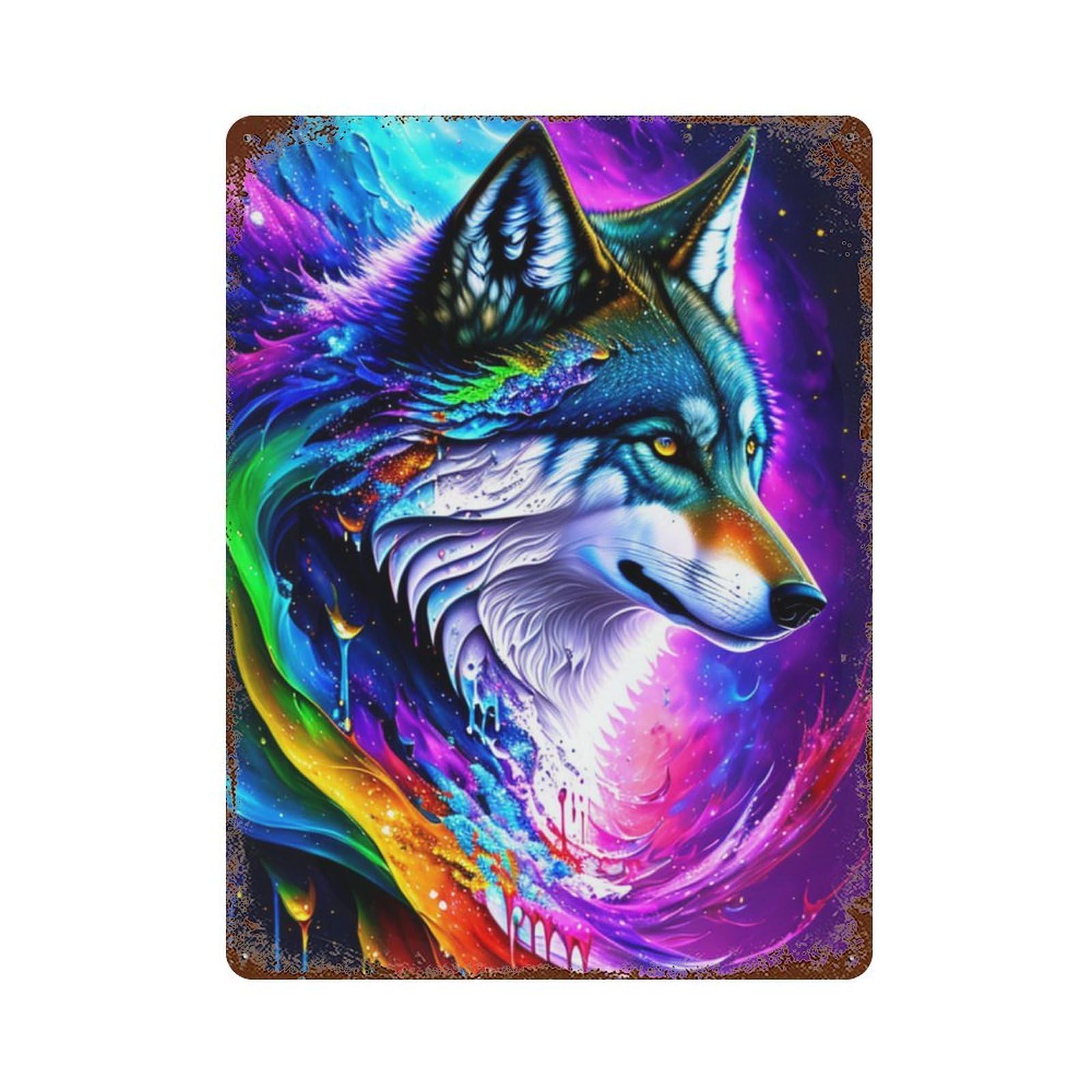 Colorful Wolf Art Print Rusty Metal Tin Sign 15.7"x11.8", for Pub, Kitchen And Man Cave Decor, Novelty Wall Decor