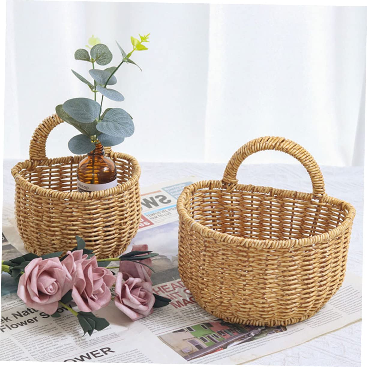 Cabilock 2piezas Cesta De Almacenamiento Tejida Mano Para Cocina y Baño Organizador Colgante De Imitación Rattan Para Decorar y Guardar Flores y Utensilios Pequeño