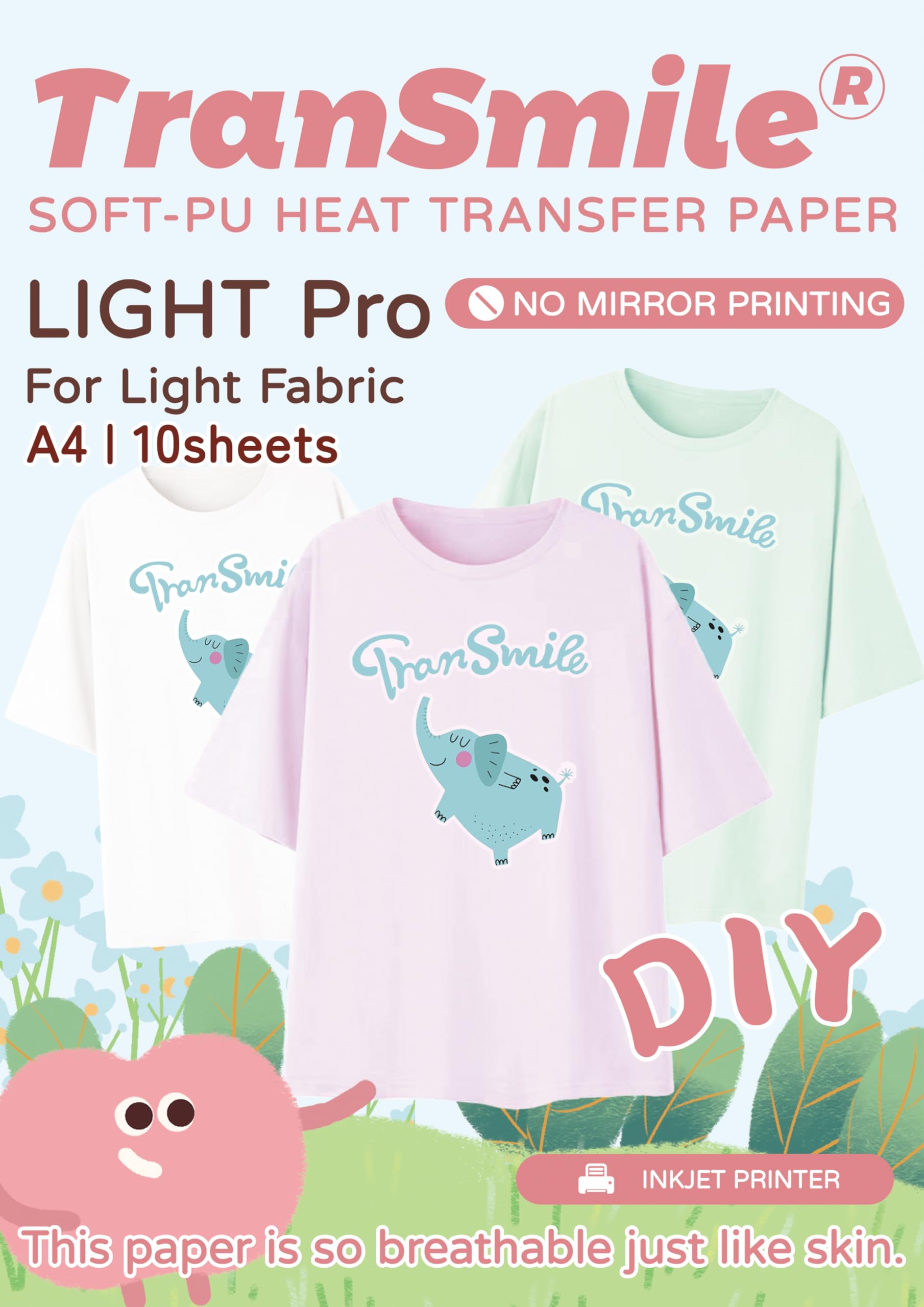 TRANSMILEPU-Heat Transfer Paper for T Shirts Printable Heat Transfer Vinyl for Light Fabrics Iron on Transfers for Inkjet Printer A4 10 Sheets, Light and Breathable(TS-H-L2.0-10)The Forest Stewardship Council