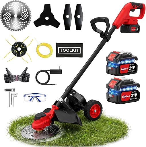 4-in-1 Electric Weed Wacker with Wheels, 20000RPM Cordless Weed Whacker & Brush Cutter, Lightweight 21V Battery Powered Lawn Edger with 2 Batteries