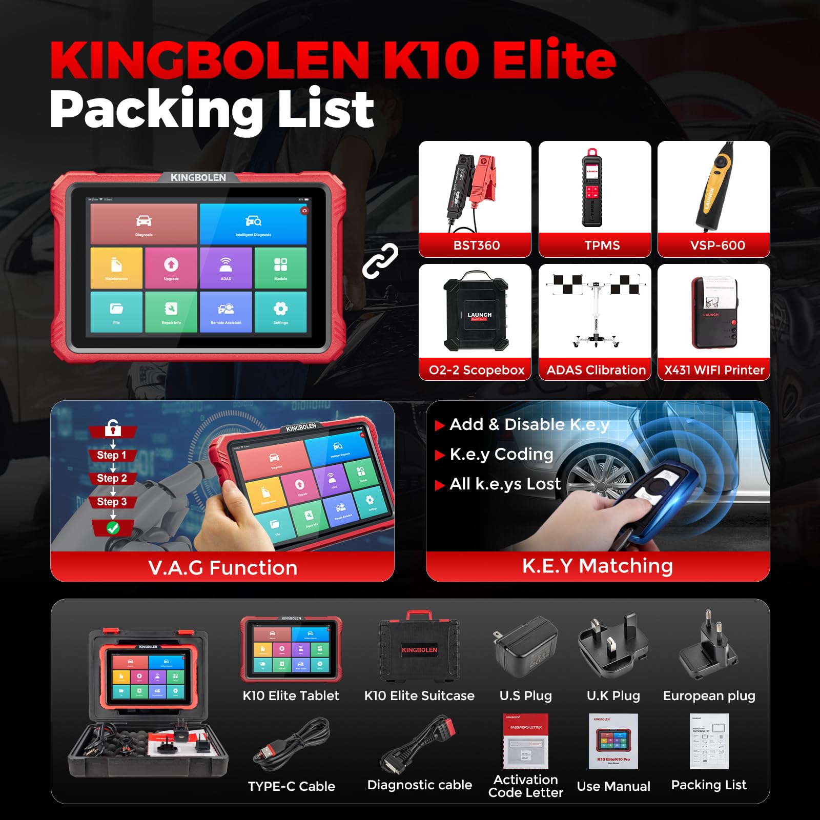 KINGBOLEN K10 Elite Obd2 urządzenie diagnostyczne, dwukierunkowe urządzenie diagnostyczne na poziomie OE, wszystkie systemy, urządzenie diagnostyczne z kartą topologii, kodowanie ECU, FCA Can FD i