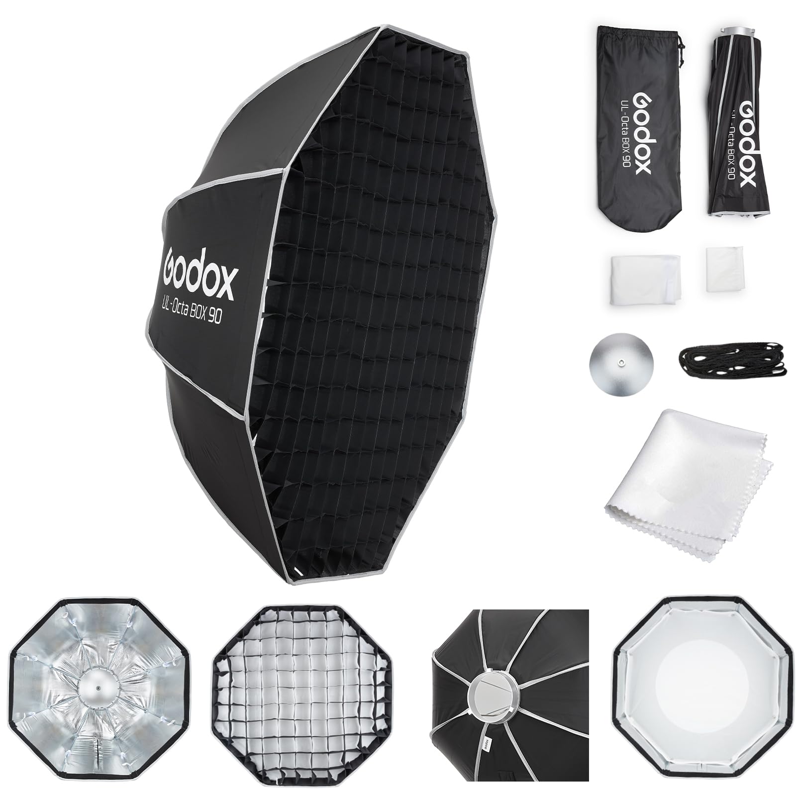 Godox Caja de luz de liberación rápida de 90 cm octagonal con conexión Bowens, caja de luz con paraguas plegable con difusores frontales e interiores desmontables, rejilla de nido de abeja y placa