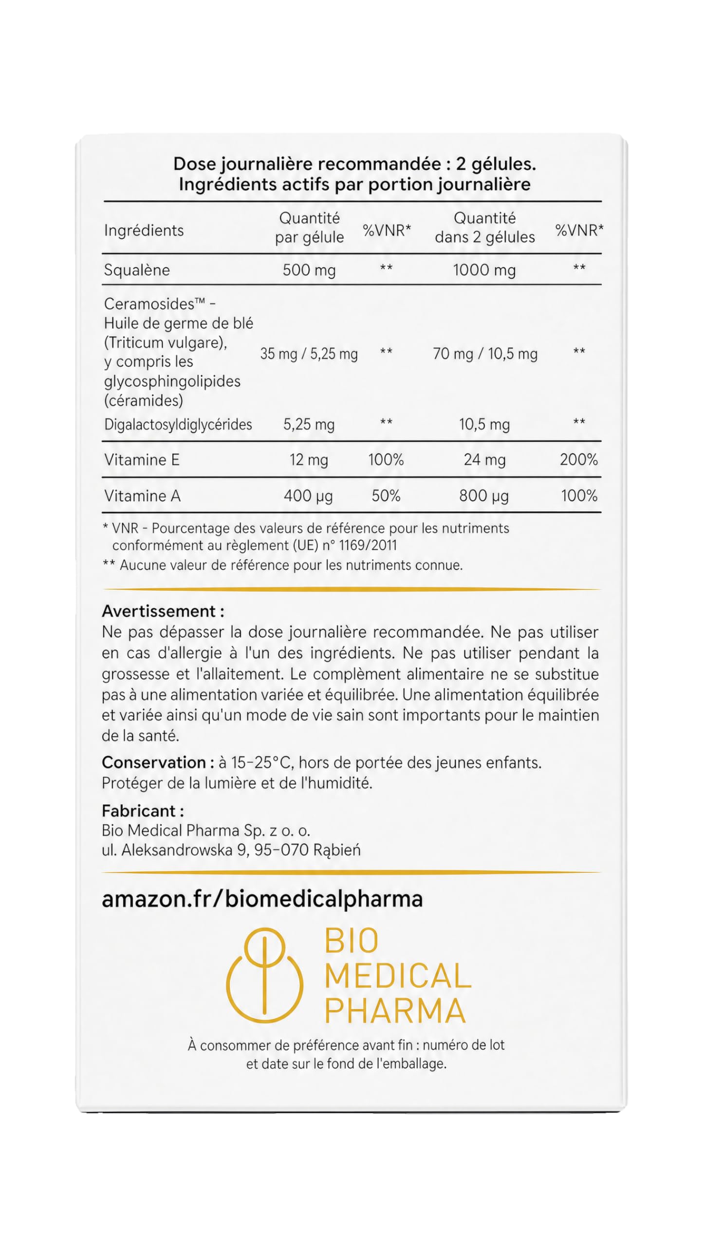 Phytoceramides – CERAMOSIDES 70 mg, Vitamine A et E, Squalane – La vitamine A contribue au maintien d'une peau normale – Peau sèche, ménopause (60 capsules molles)