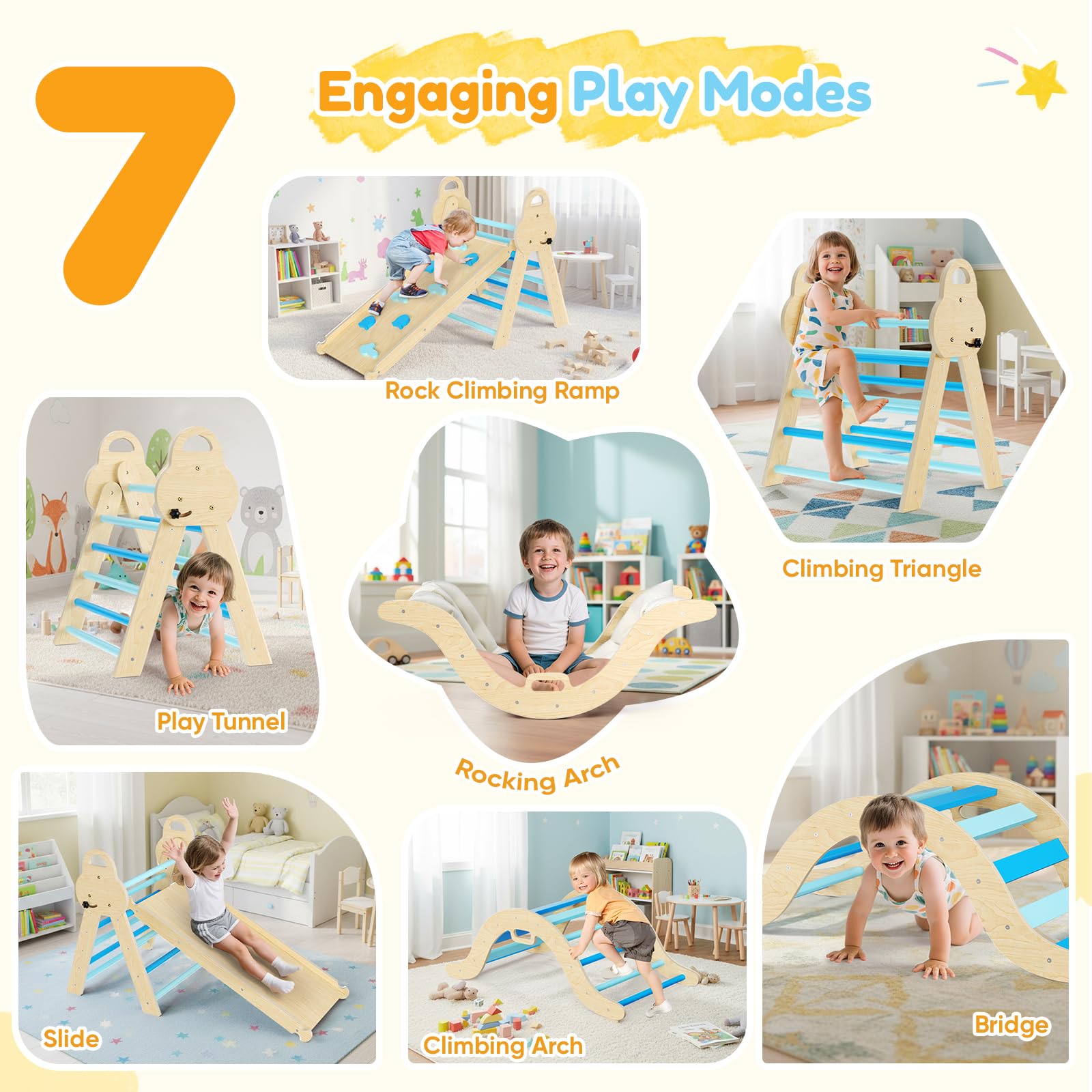 Montessori 7 en 1 estructura de escalada interior, triángulo de escalada con tobogán y arco de escalada, juguete de escalada de madera estable con alfombrilla de seguridad, parque infantil
