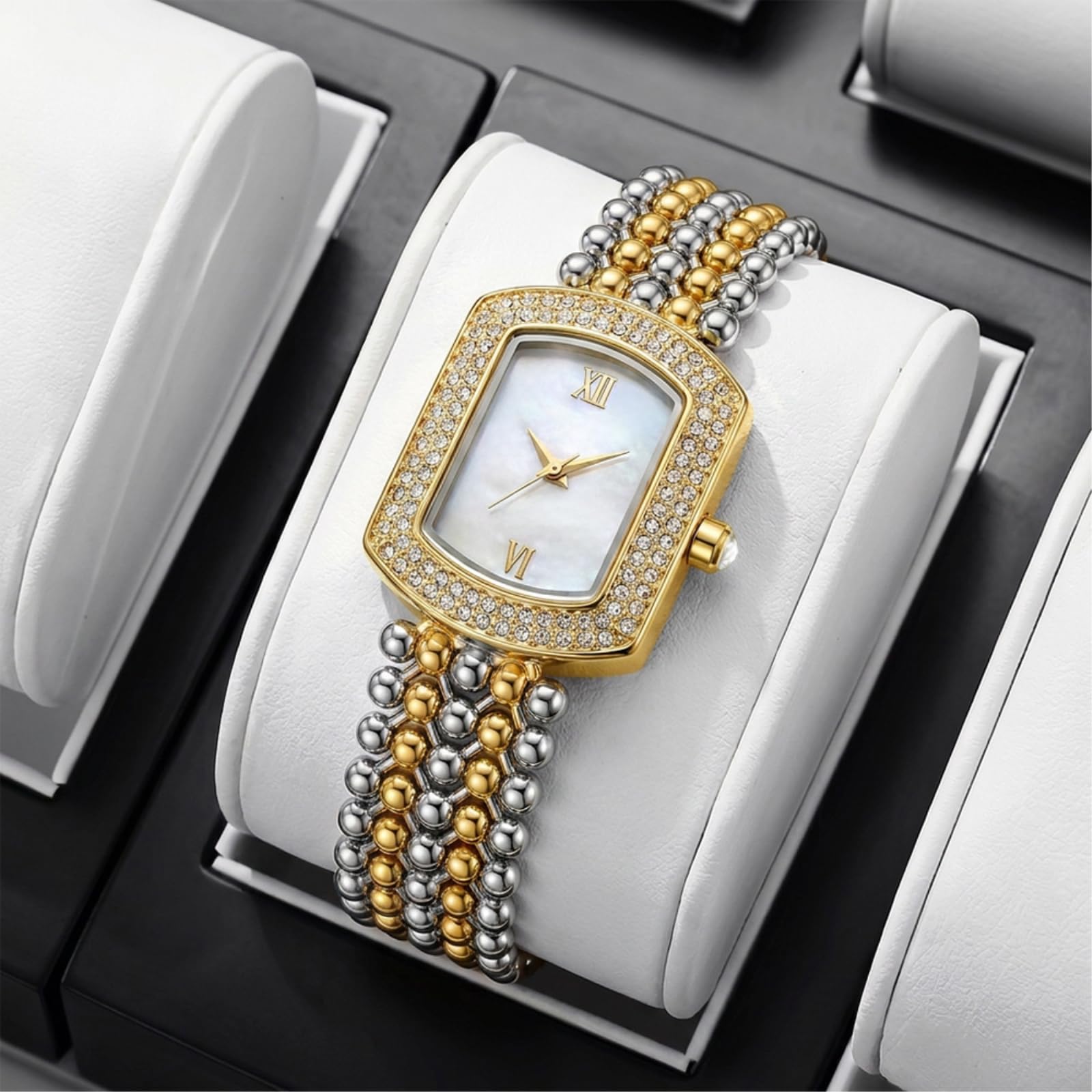 XXDML Damen-Armbanduhr mit quadratischem Zifferblatt, Kristallperlenarmband, Quarzwerk, wasserdicht, Gold, Silber, Roségold