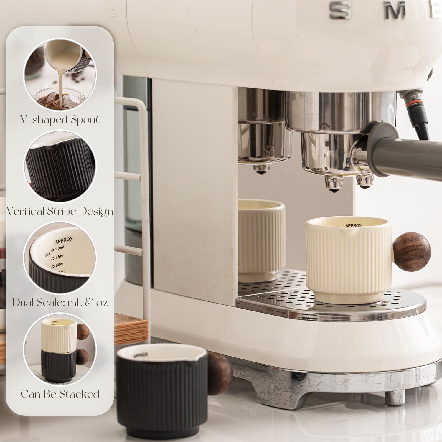 KEMORELA Ceramic Espresso Cups with Spouts & Handles, 3 oz & 90 Milliliter Markings, Espresso Shots, Durable Heat-Resistant Ceramic, Perfect Coffee Accessories for Espresso Lovers (White) - Image 6