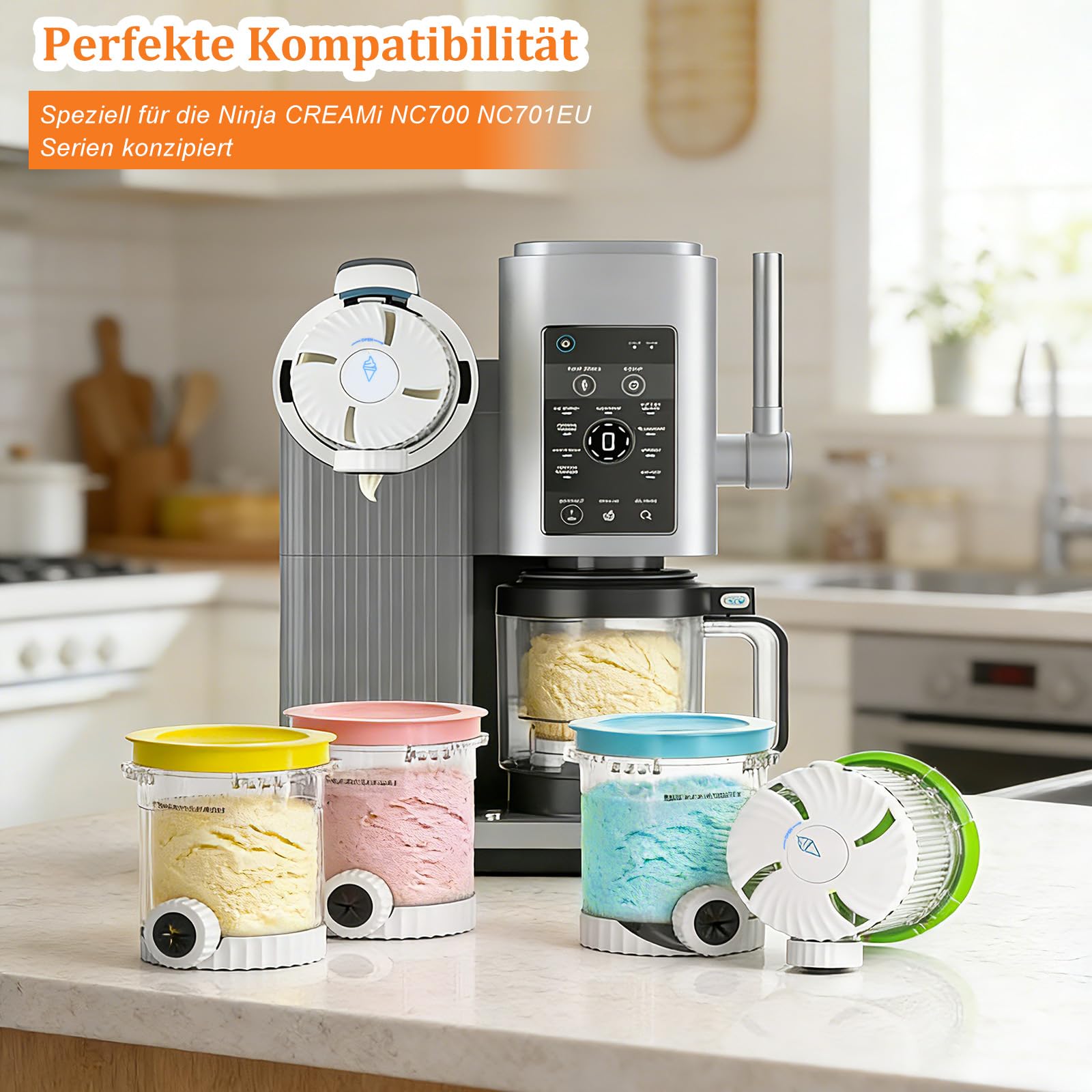 4er-Set Ersatzbehälter für Ninja Creami Swirl NC700 NC701EU Eismaschine (480 ml), Eisbehälter Zubehör BPA-frei & Spülmaschinenfest, mit farbigen Silikondeckeln zur Sortenunterscheidung