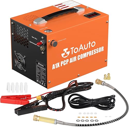 TOAUTO Compresor de aire A1X PCP, 4500Psi 30Mpa, sin aguaaceite, arranque de un botón, disco de estallido, alimentado por automóvil 12 V CC o 110 V