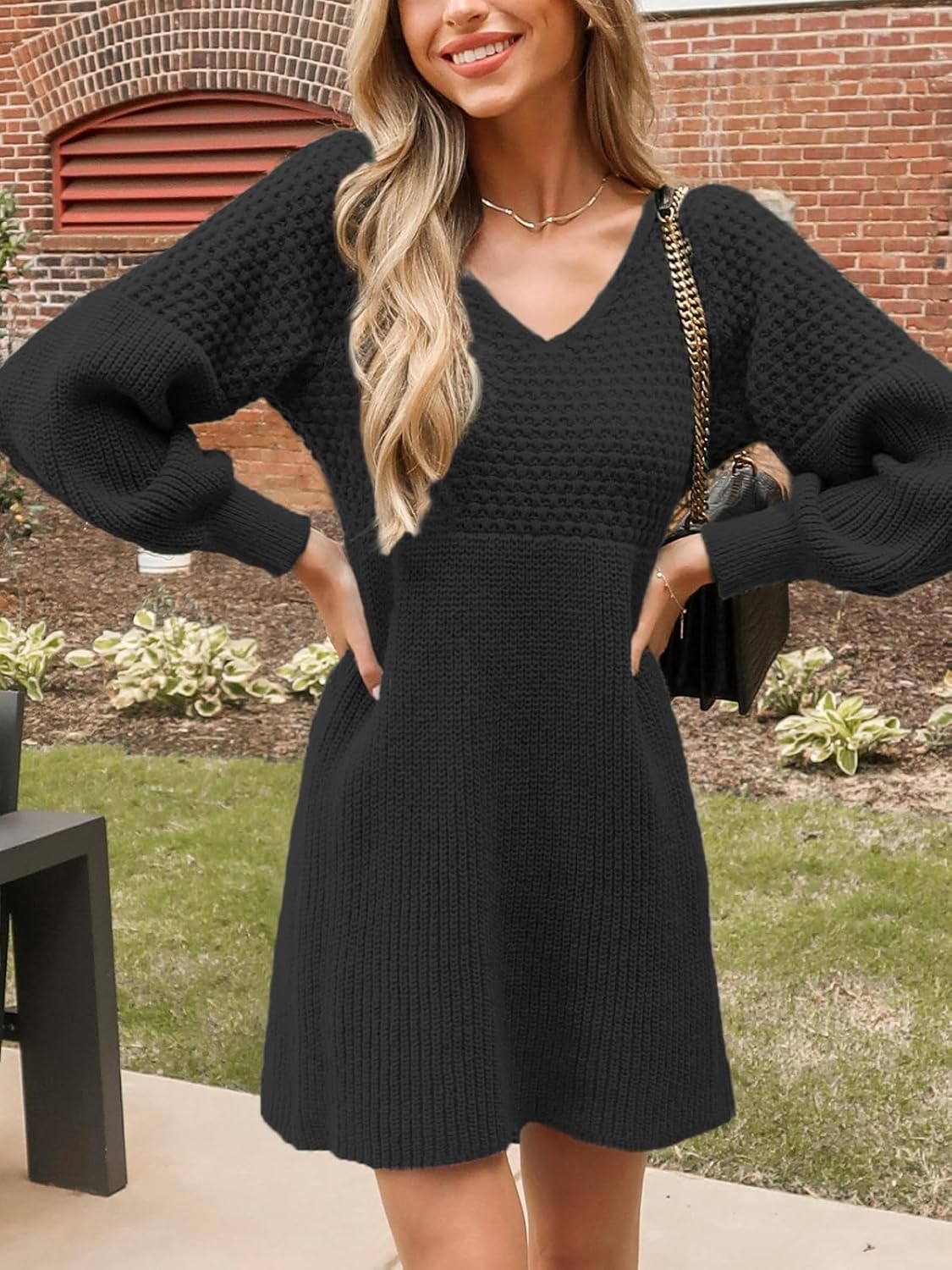 CUPSHE Women's Sweater Dress V Neck Honeycomb Long Sleeve Textured Fall Casual Knit Pullover Dresses - Image 4