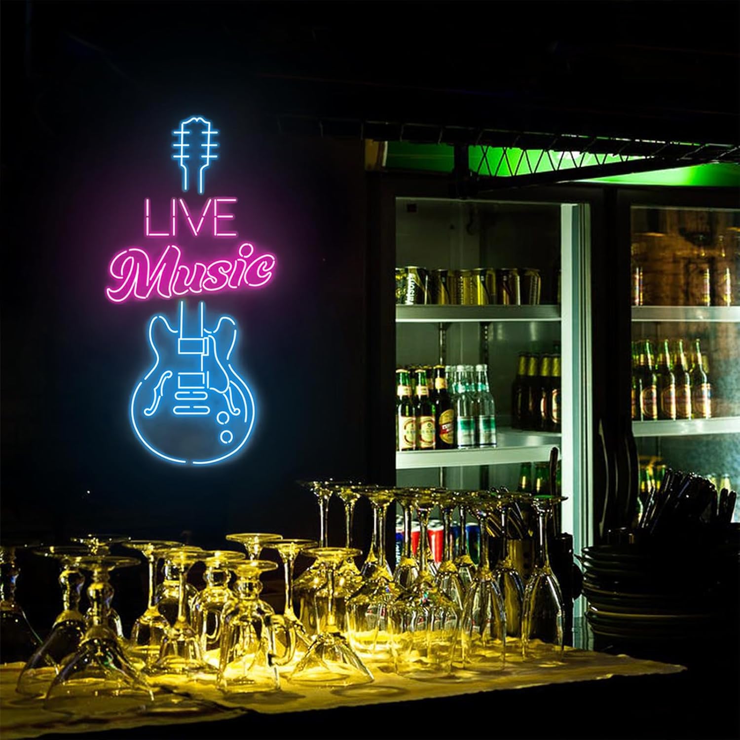 Live Music Guitar Neon Sign 30 inches Dimmable Large LED Bar Neon Light Up Signs Art Wall Decor for Party, Living Room, Studio, Man Cave, Gifts