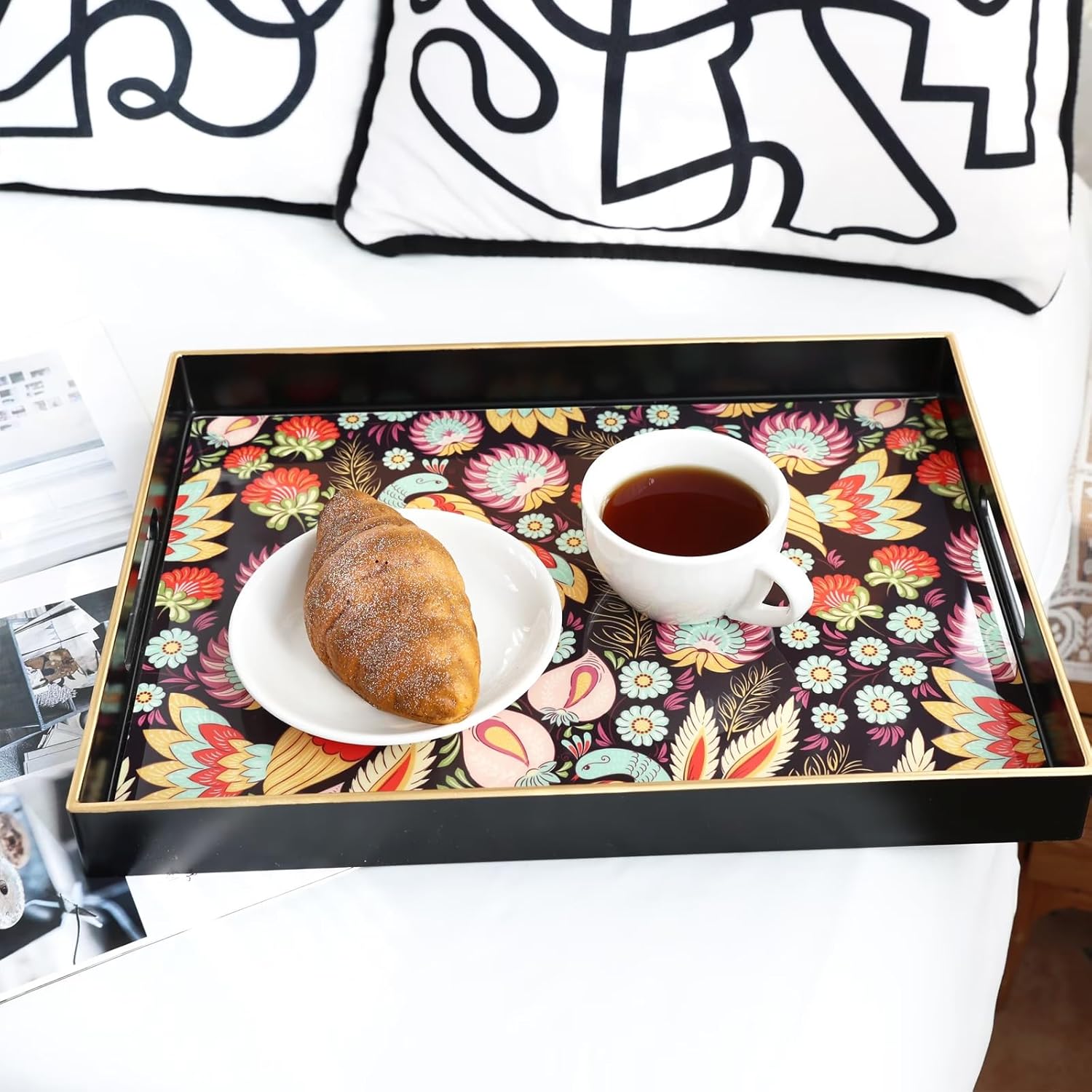 Spsyrine Decorative Serving Tray with Handles, Black Lacquered Coffee Table Tray for Ottoman, Rectangle Waterproof Platters for Centerpieces, Parties, Living Room, Kitchen Counter Organization Peacock - Image 6