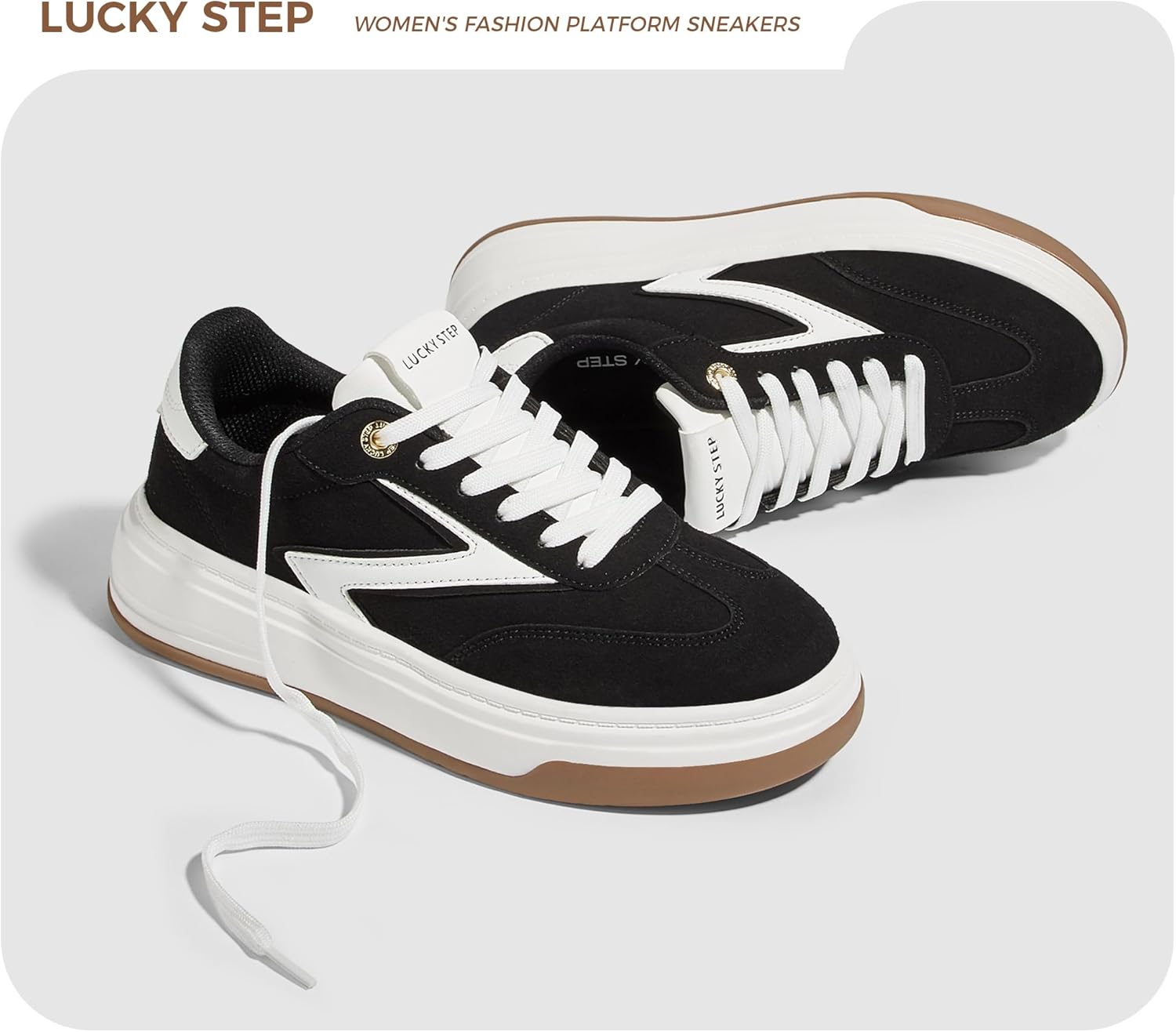 LUCKY STEP Women's Fashion Platform Sneakers Retro Chunky Casual Cow Suede Tennis Footwear Thick Sole Low Top Memory Foam Insole Walking Shoes