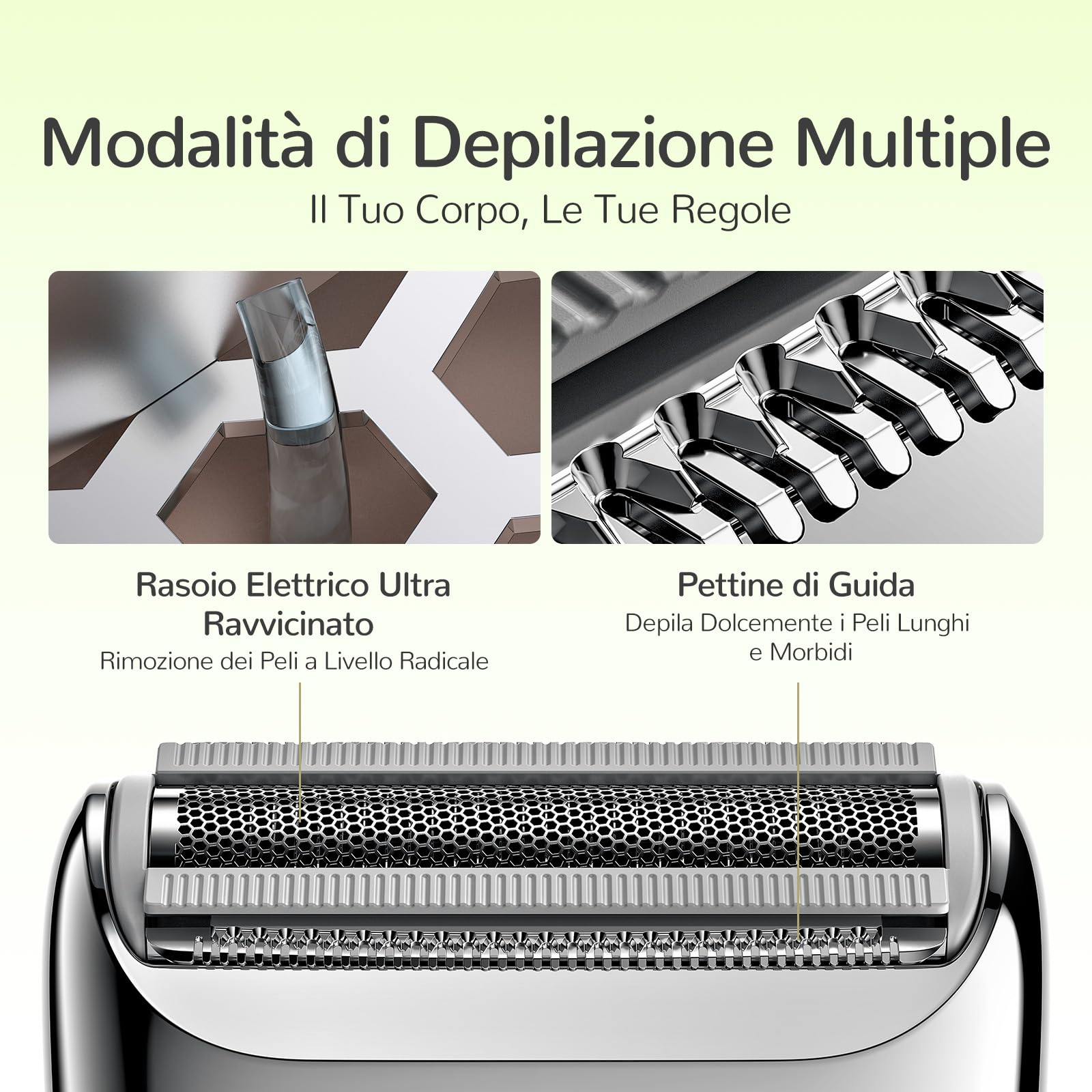 Yoose rasoio elettrico donna, corpo in ABS IPX7 depilatore corpo donna (ricarica USB-C, pettine per trimming, molteplici modalità di rasatura), regolo portatile (Verde)