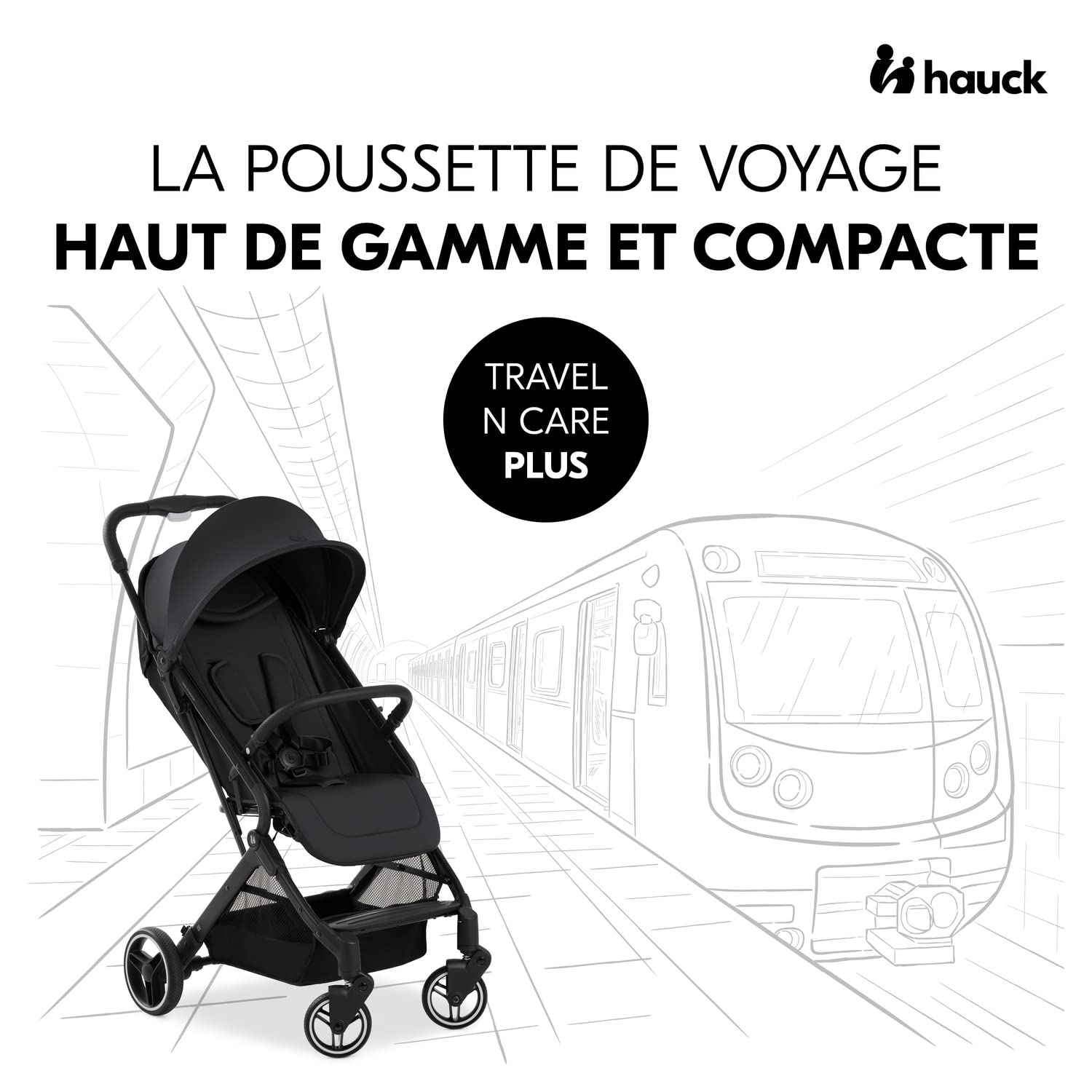 hauck Poussette Compacte Voyage Travel N Care Plus, Légère seulement 7,2 kg, Inclinable et Pliable, Protection UV 50+, Jusqu'à 22 kg (3 kg Panier), Noir