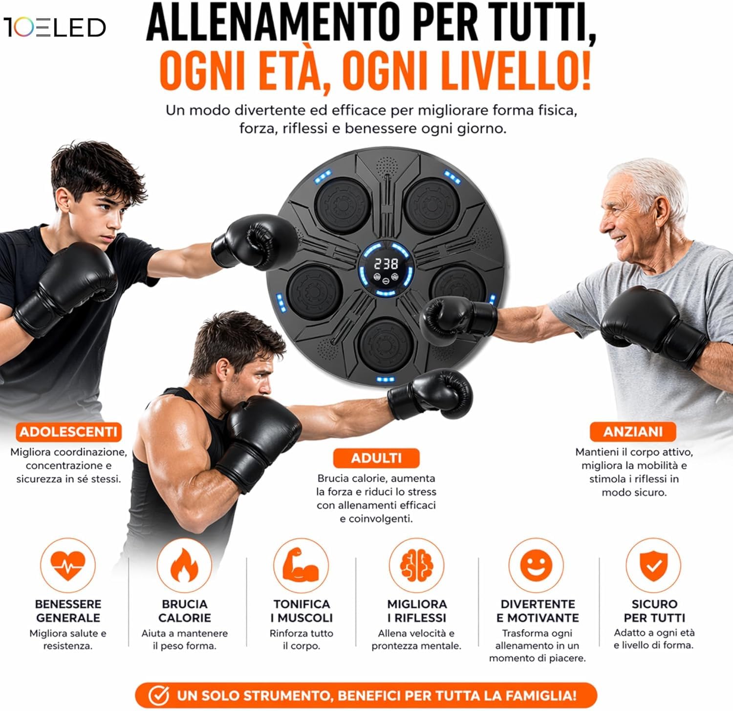 Music Boxing Machine Interattiva con LED a Parete e Bluetooth - 5 Pad Reattivi - Display Digitale - Guantoni INCLUSI - Beat Punch Allenamento Casa per Riflessi, Velocità e Coordinazione