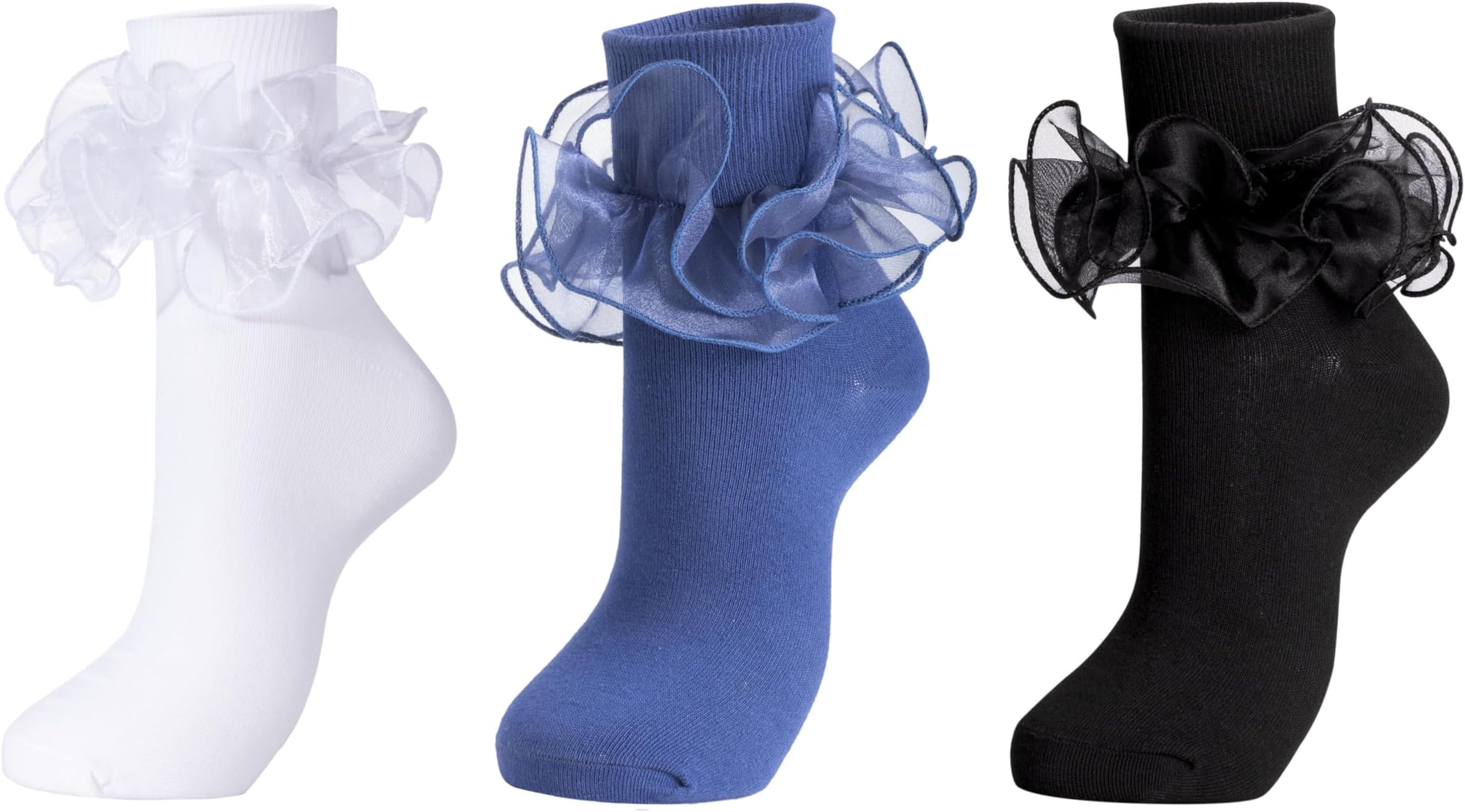 DicryWomen Big Ruffle Socks Double Lace Turn Cuff (Size 9-11, 3 Pairs)
