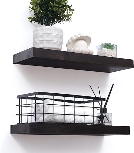 Estantes flotantes de madera para pared, juego de 2, estantes flotantes de madera oscura maciza de 17 pulgadas, estantes montados en la pared para