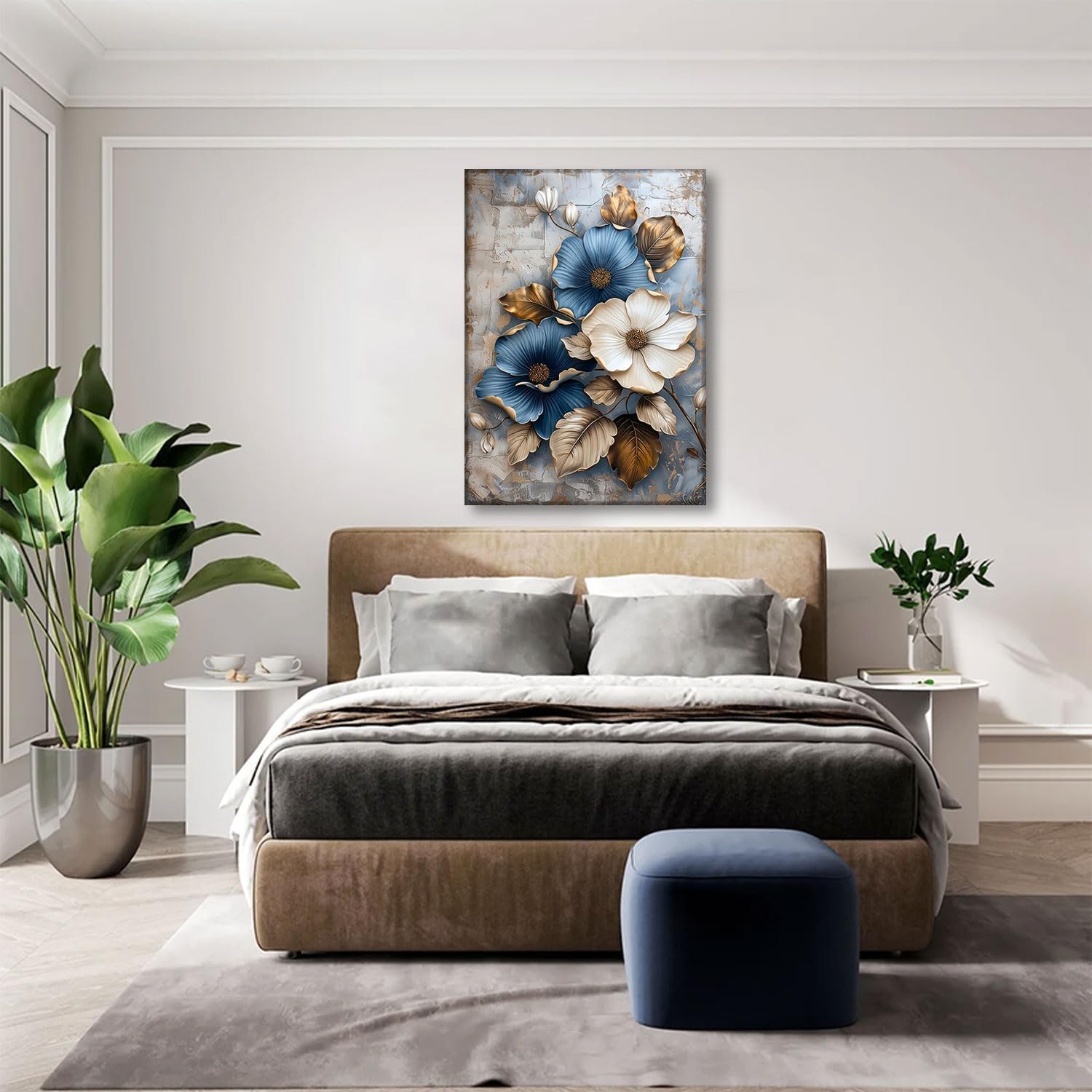 Modern Floral Canvas Wall Art Blue and White Flower Market Wall Decor Pictures Abstract Background Golden leaf Poster Prints for Living Room Bedroom Office Home Decoration 24x36in Ready to Hang