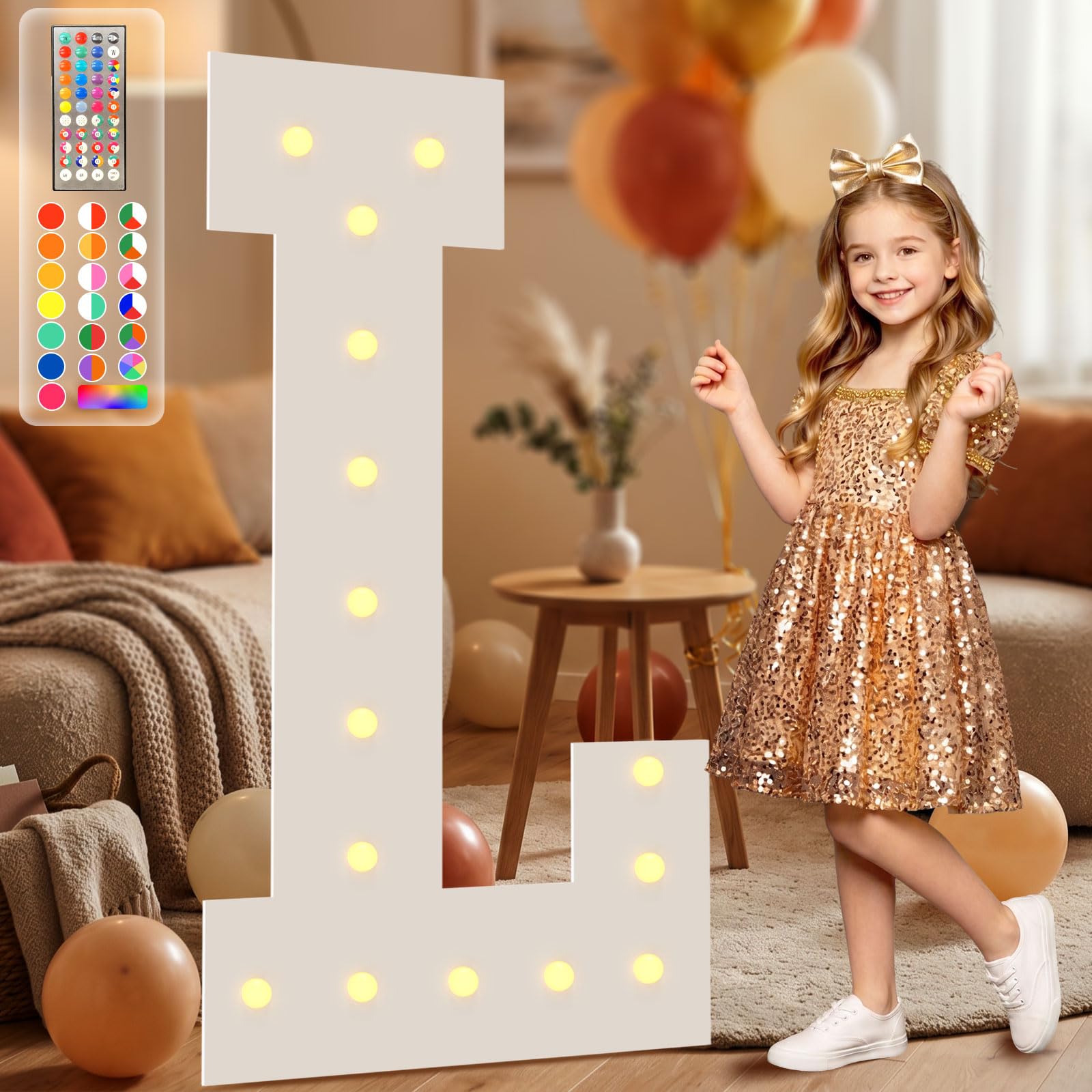 4FT Marquee Light Up Letters, 34 Colors Changing Marquee Letters L with Remote,Weighted Water Bag, Pre-Cut Foam Board Set Can Be Used for Birthday Party Grad Prom Party Decoration Wedding Event Baby