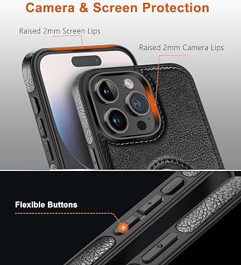 Leather Case for iPhone 16 Pro Case with Kickstand, Built-in Invisible Stand, Vegan Leather Slim Logo View Classic Luxury Thin Shockproof Protective Cover for iPhone 16 Pro(Black)