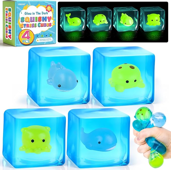 VISCOO Stress Cube -Glow in The Dark Sea Animal Inside Squishy Fidget Toys, Nice Ice Cube Squishy for Anxiety Relief, Squeeze Toys for Kids,Stress Balls for Adults,Sensory Toys for Party Favors