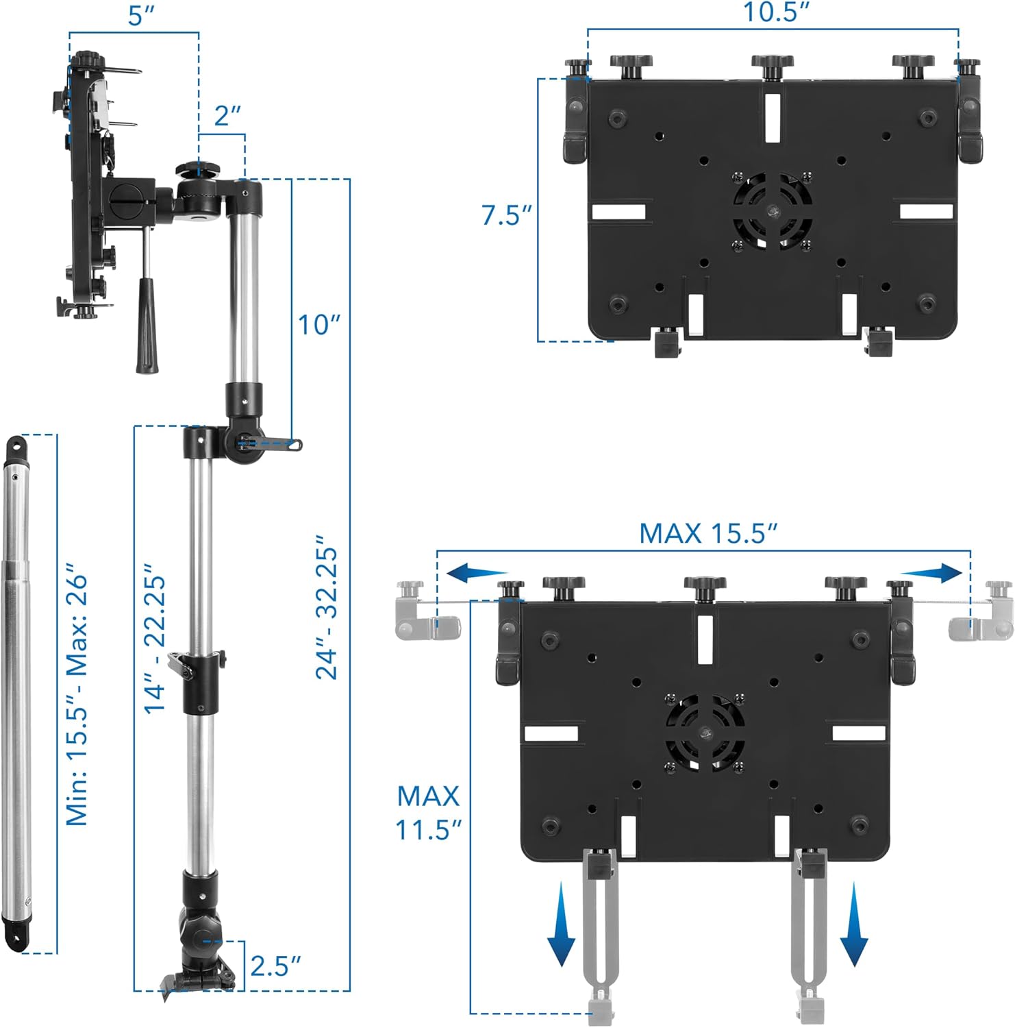 Mount-It! Car Laptop Mount, No-Drill Vehicle Laptop Stand for Vehicle & Truck, Full Motion Computer Holder for Cars Vans SUVs, Adjustable Height 14–22.25”, Fits Notebooks Up to 17” with Cooling Tray