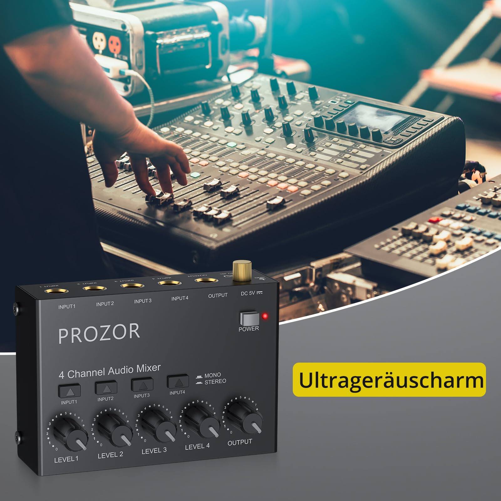 PROZOR 4-Kanal Audio Mixer Aktiver Mischer Mischpult Mit 3,5mm auf 6,35mm Umschaltkopf Kompakte Mischkonsole für Mikrofone, Gitarren, Bass