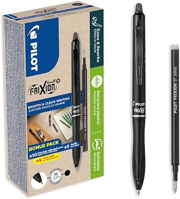 PILOT - Pack of 10 FriXion Ball 07 Plus + 10 Refills - Erasable Pens - Retractable and Refillable Rollerball - Made of Recycled Plastic - Black - Medium Tip