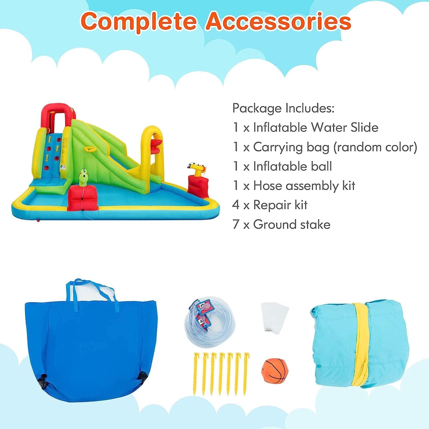 OLAKIDS Inflatable Water Slide, 7 in 1 Bounce House with 2 Slides, Climbing Wall, Splash Pool, Basketball Rim, 2 Water Guns, Outdoor Water Park Inflatable Obstacle Course for Backyard