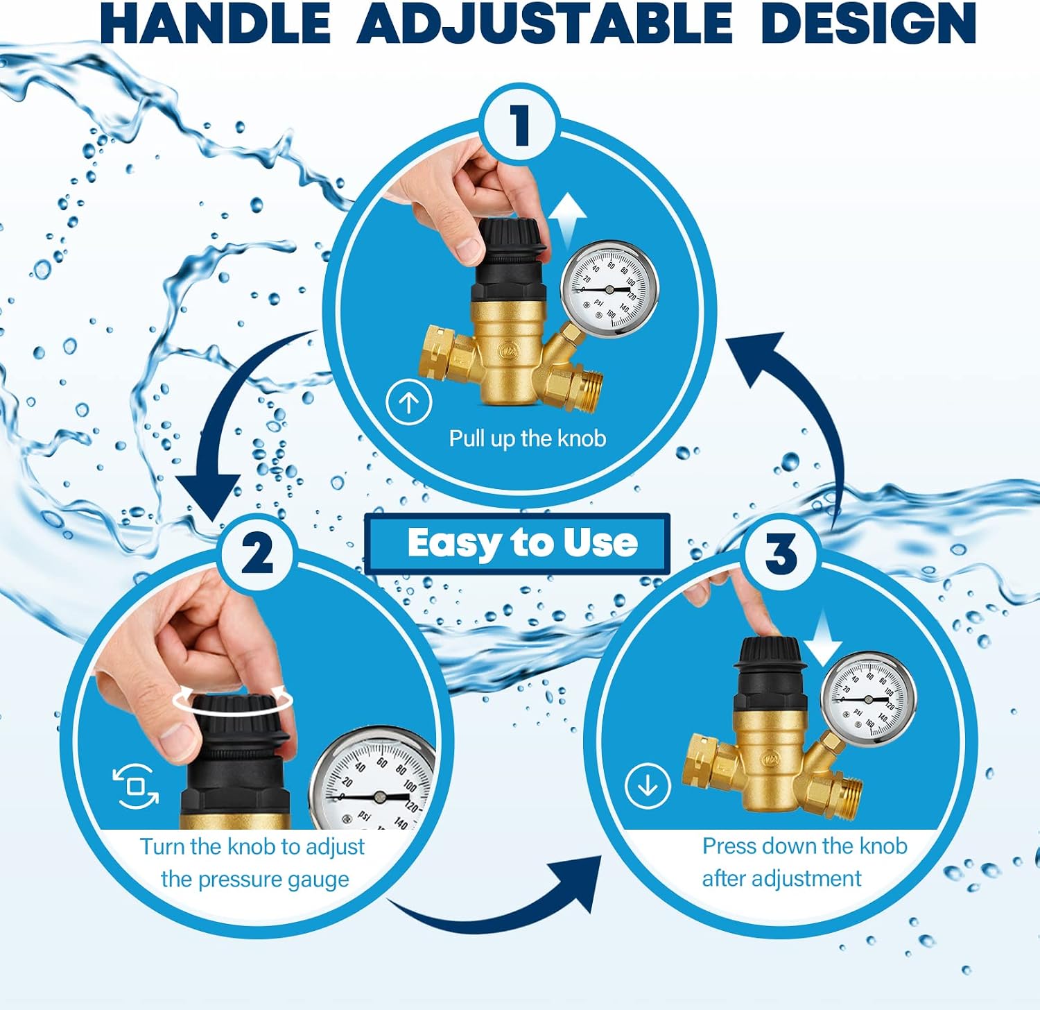 Kohree RV Water Pressure Regulator Handle Adjustable with Gauge, Upgraded Water Reducing Valve Brass Lead-Free Pressure Regulator 160PSI with 2 Inlet Screened Filters for RV Camper Home Garden
