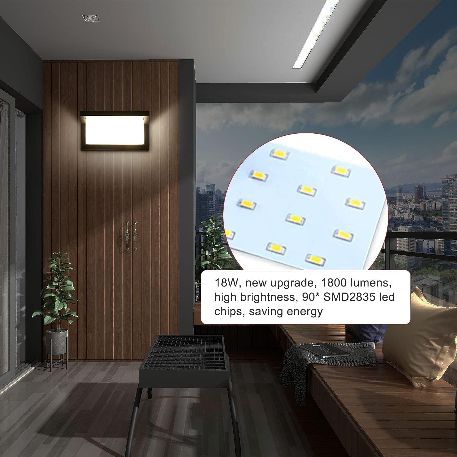 2 sztuki Zewnętrzna lampa ścienna, wodoodporna lampa ścienna IP66, oświetlenie LED, 18 W, prostokątna, na balkon, ulicę, garaż, taras, korytarz, ogród (neutralna biel)