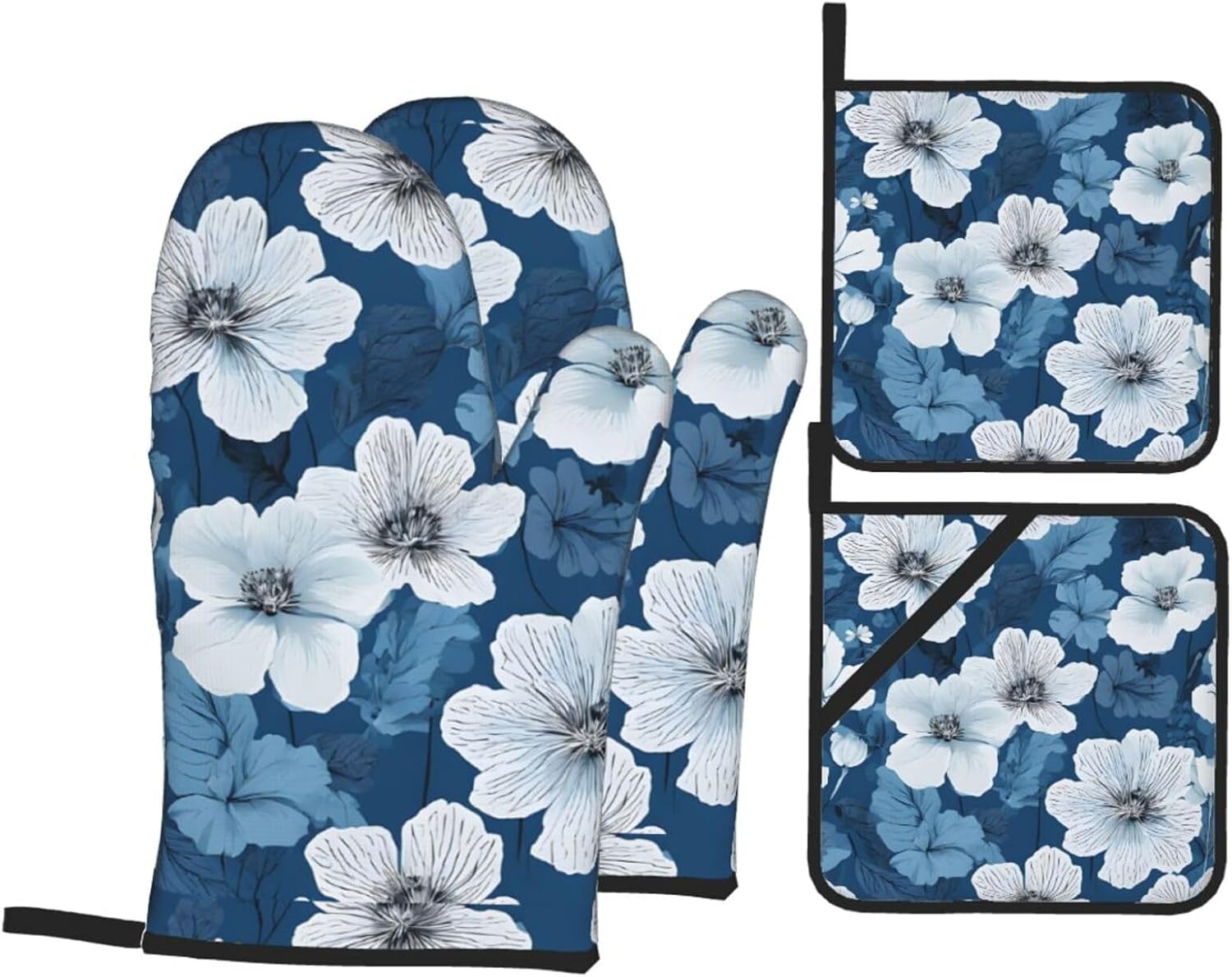(Blue Hibiscus) Baking 4-Piece Set: 2 Oven Mitts and 2 Pot Holders Heat Resistant Waterproof Hanging Loop for Kitchen Oven Grill Housewarming Gifts