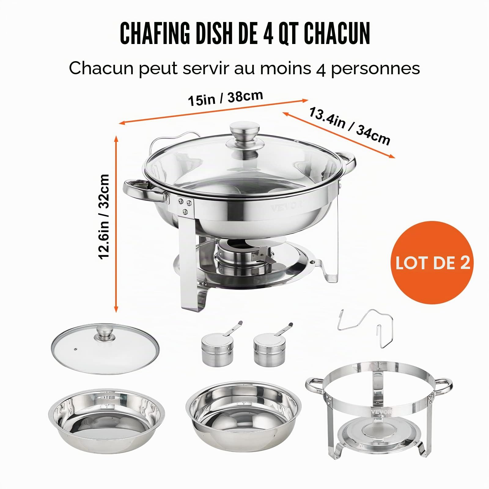 VEVOR Chauffe-Plat Lot de 2 Bacs de 3,5 L Buffet Chauffant à Combustible Réchaud INOX Alimentaire Rond Récipient Maintient au Chaud pour Servir Buffet en Libre-Service Hôtel Traiteur Restauration