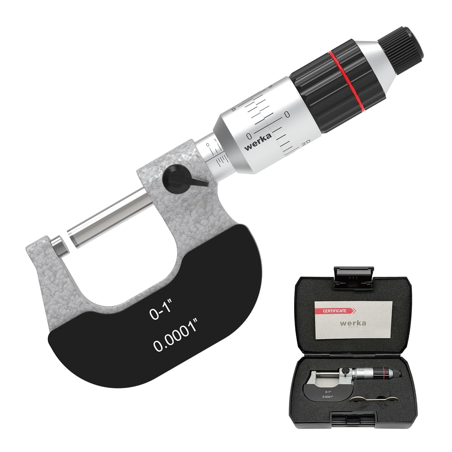 Professional Outside Micrometer, Precision Measurement Tool, 0-1 Inch Range with 0.0001 Inch Accuracy, Silver and Black