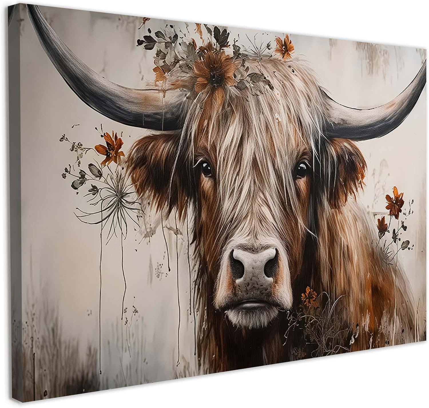 Canvas Wall Art 16 x 20 inch Framed Highland Cow Painting with Flowers Modern Animal Artwork Wall Decoration for Living Room Bedroom Hallway and Stairs Wall Pictures with Hooks and Magic Tape