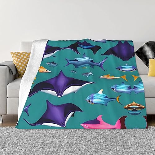 Manta Ray and Fishes - Manta de franela de lujo, manta suave y mullida de microfibra (40 x 30 pulgadas) gruesa, cálida