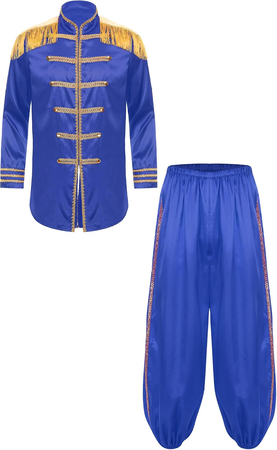 Mens Halloween Hippy Medieval Costumes Tassel Shoulder Boards Gold Trims Satin Jackets with Pants