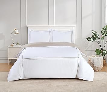 Majestic Giftware Madison Linen 4 Pcs 48" Full Size Duvet Bedding Set (BL51-48F-3-4pcs) Flora Hotel Collection-White-Taupe Embroidery 400 TC Cotton Sateen | 1 Fitted Sheet, 1 Duvet, 2 Pillowcase