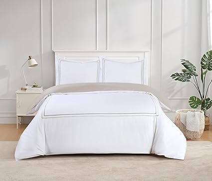 Majestic Giftware Madison Linen 4 Pcs 48" Full Size Duvet Bedding Set (BL51-48F-3-4pcs) Flora Hotel Collection-White-Taupe Embroidery 400 TC Cotton Sateen | 1 Fitted Sheet, 1 Duvet, 2 Pillowcase