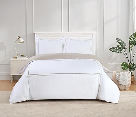 Majestic Giftware Madison Linen 4 Pcs 48" Full Size Duvet Bedding Set (BL51-48F-3-4pcs) Flora Hotel Collection-White-Taupe Embroidery 400 TC Cotton Sateen | 1 Fitted Sheet, 1 Duvet, 2 Pillowcase